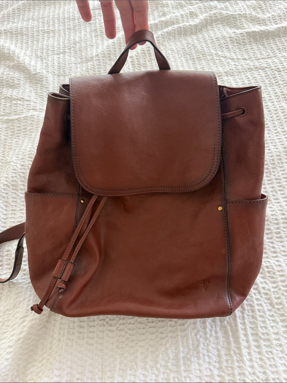 Frye Chestnut Brown Leather Flap Drawstring Backpack
